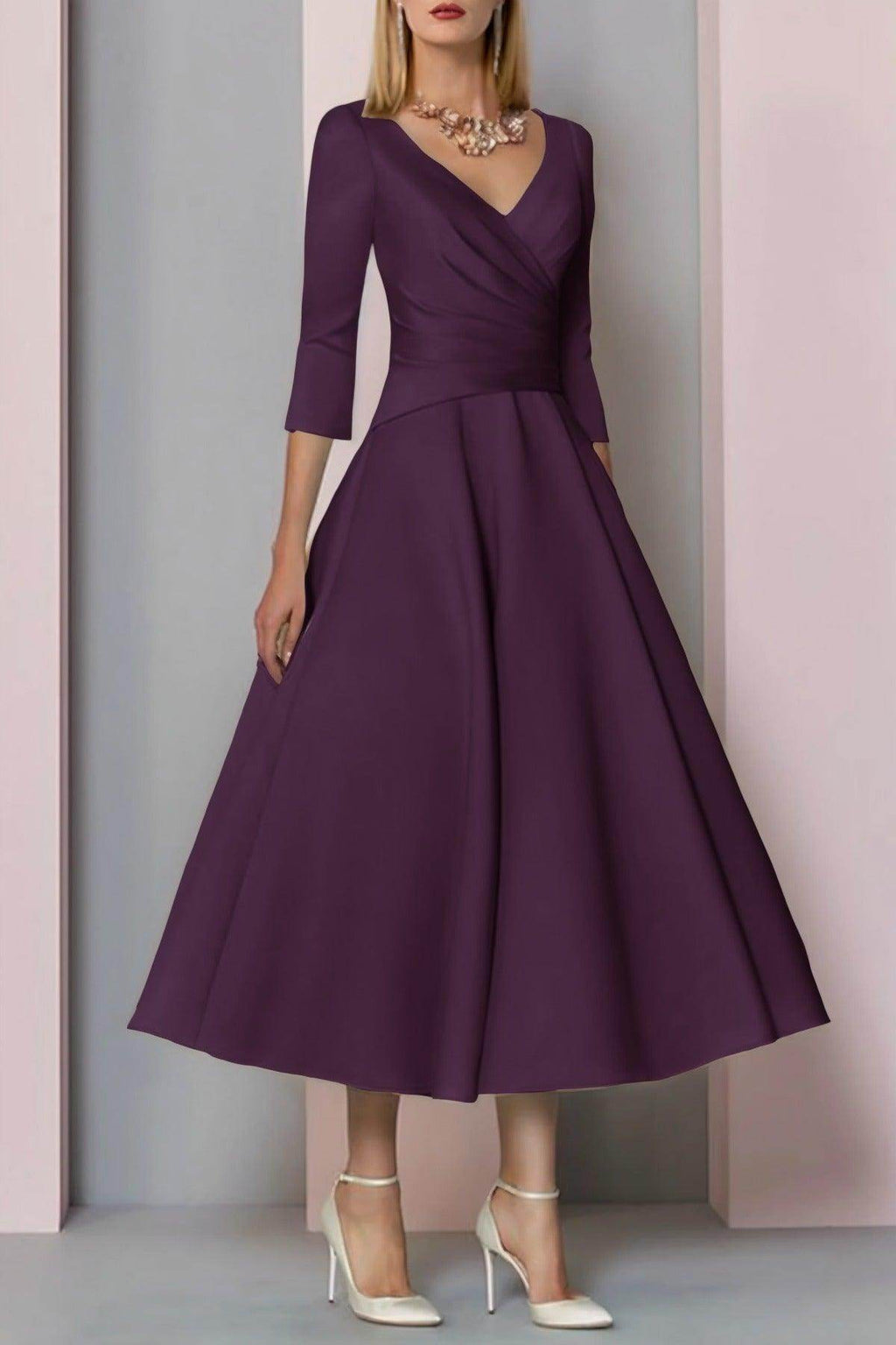 Elegant A Line Tea Length Satin Mother Dress Mother of the Bride Dress