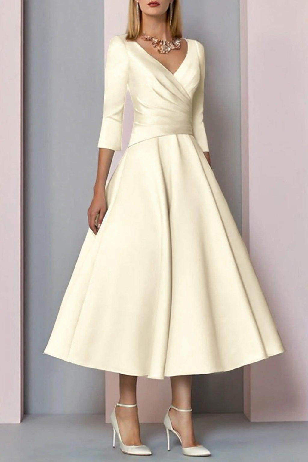Elegant A Line Tea Length Satin Mother Dress Mother of the Bride Dress
