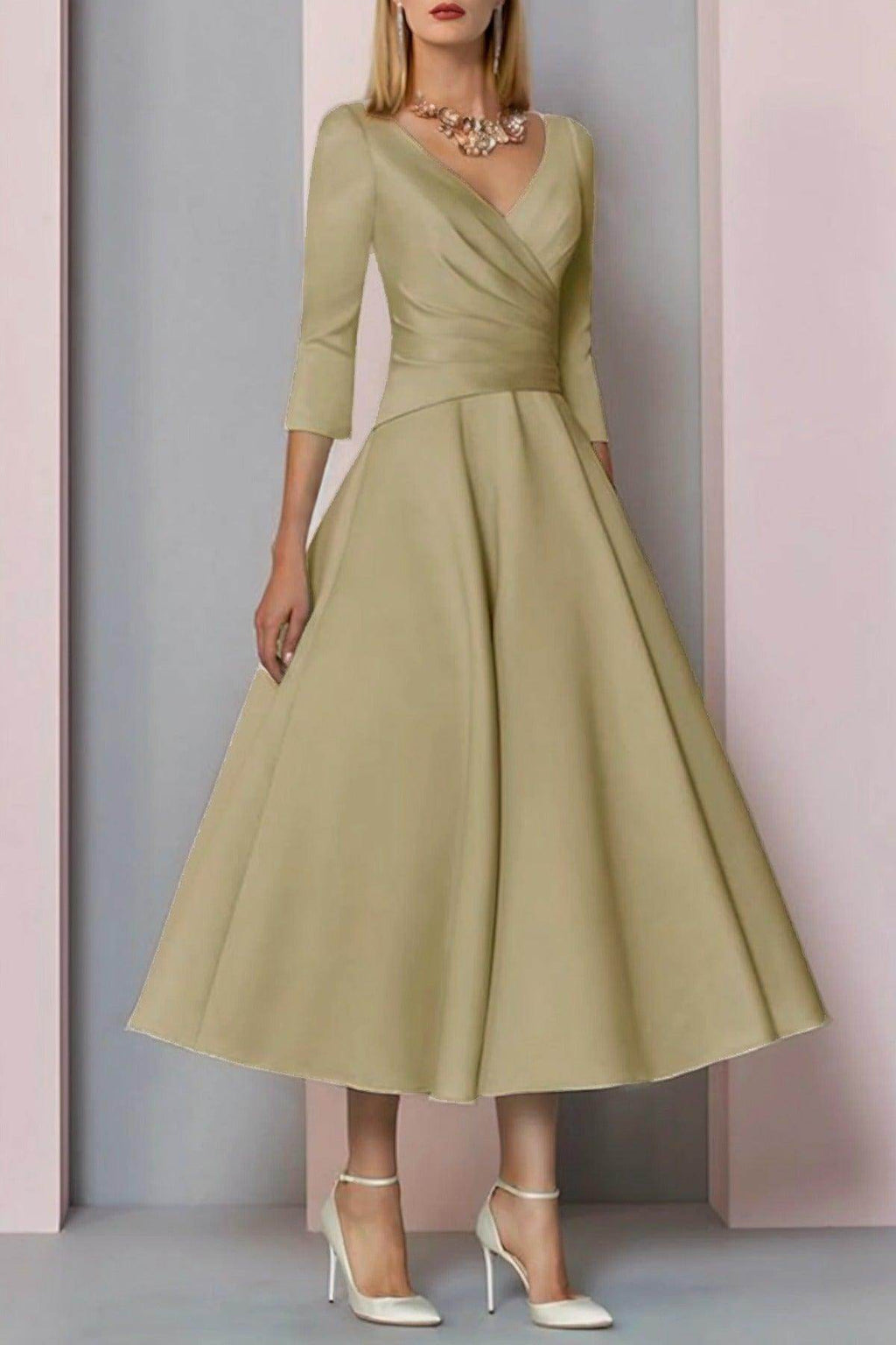 Elegant A Line Tea Length Satin Mother Dress Mother of the Bride Dress