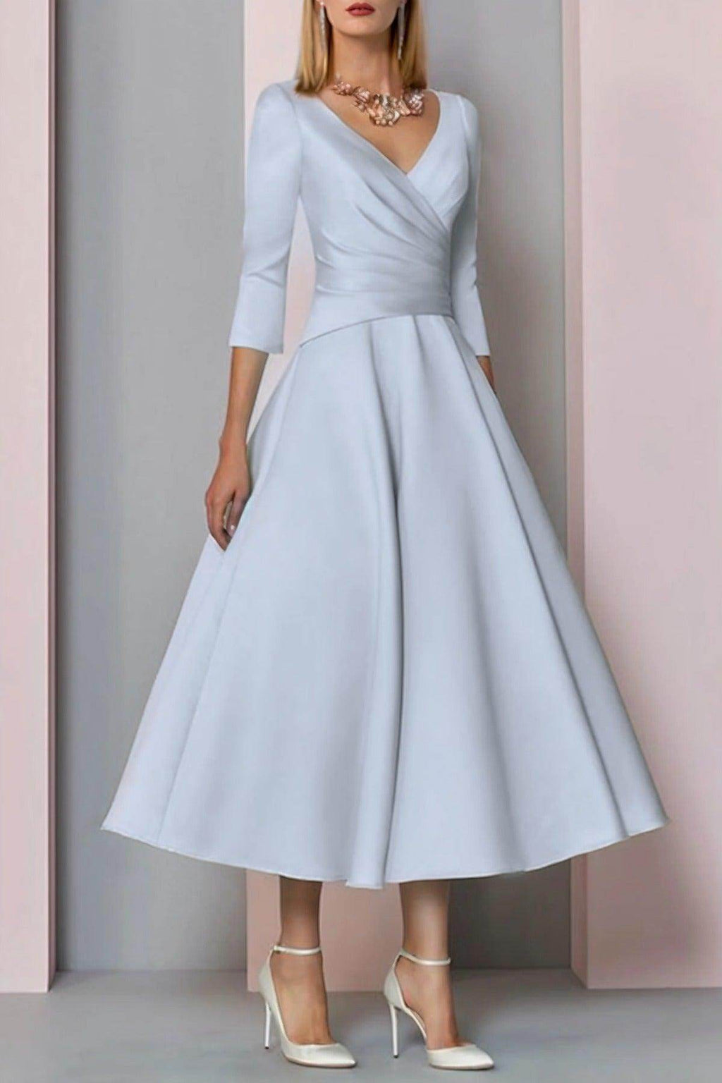 Elegant A Line Tea Length Satin Mother Dress Mother of the Bride Dress