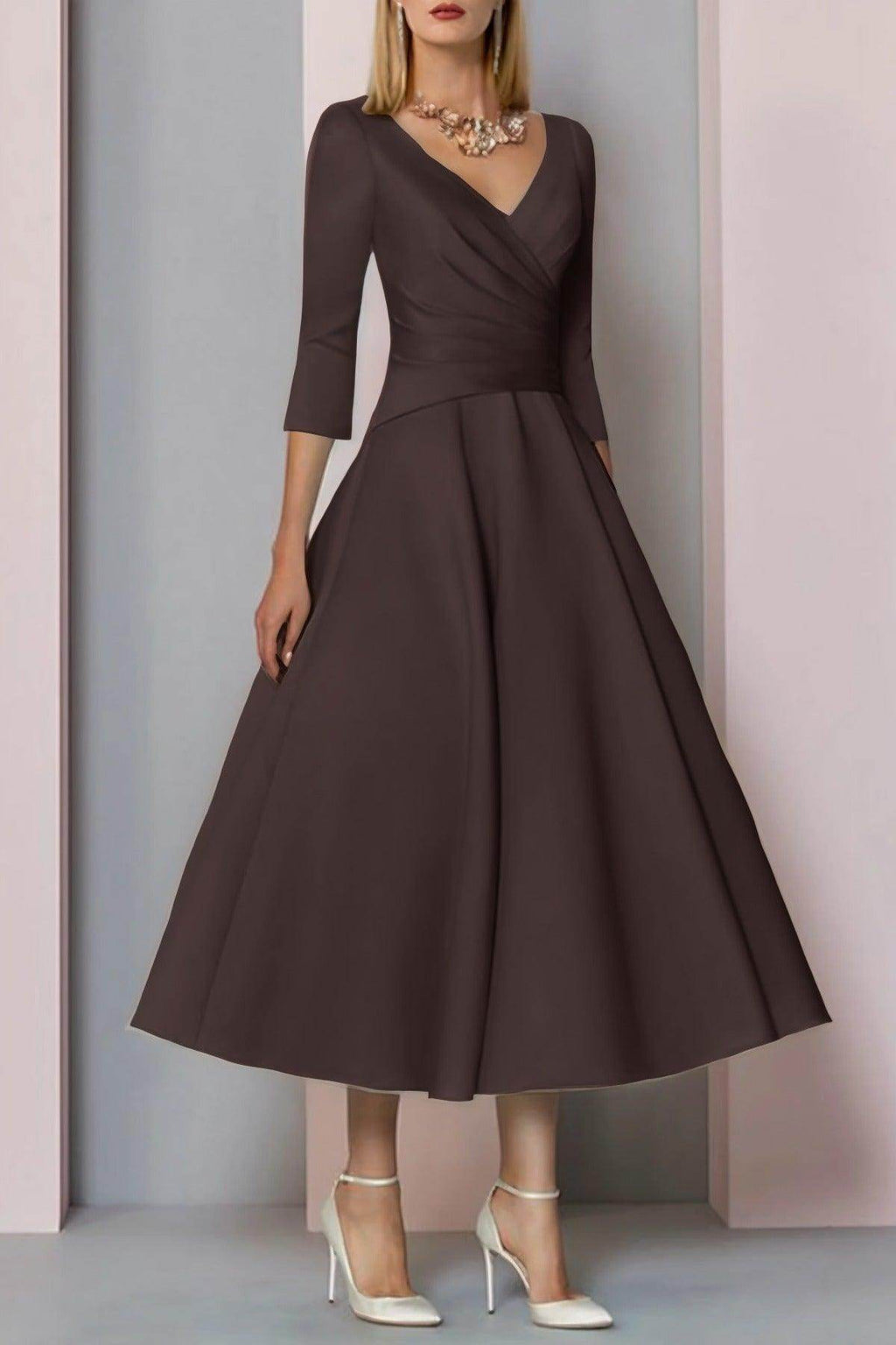 Elegant A Line Tea Length Satin Mother Dress Mother of the Bride Dress