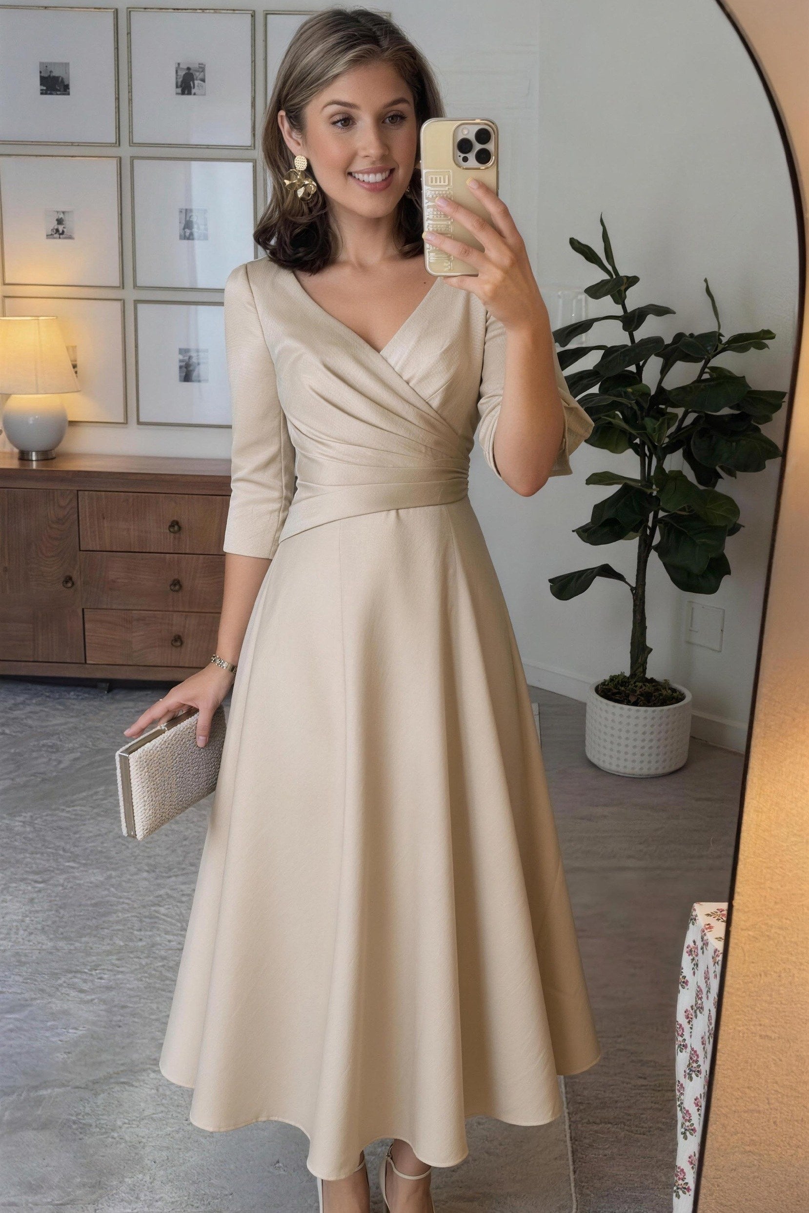 Elegant A Line Tea Length Satin Mother Dress Mother of the Bride Dress