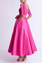 Elegant A Line V Neck 3/4 Length Sleeve Tea Length Satin Mother of the Bride Dress