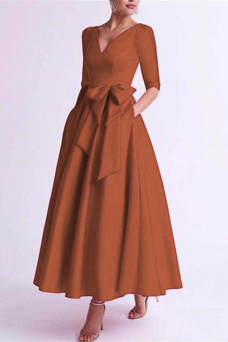 Elegant A Line V Neck 3/4 Length Sleeve Tea Length Satin Mother of the Bride Dress