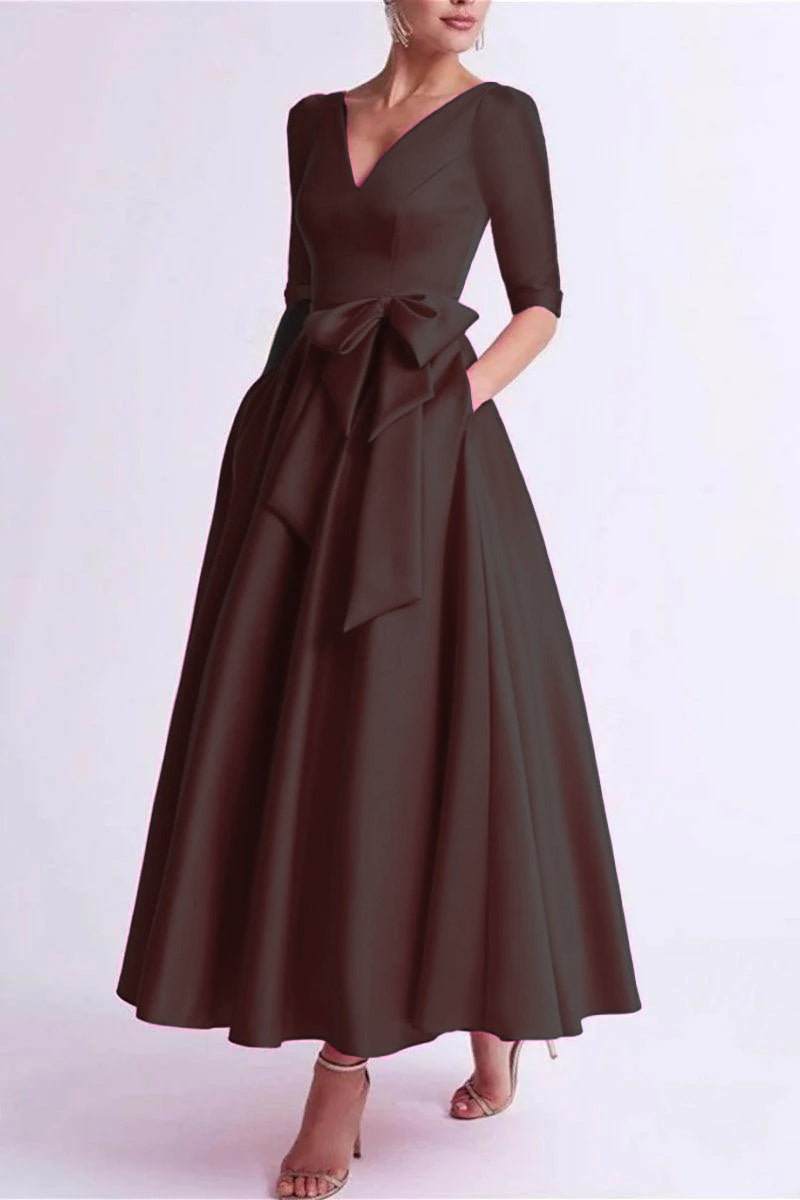 Elegant A Line V Neck 3/4 Length Sleeve Tea Length Satin Mother of the Bride Dress