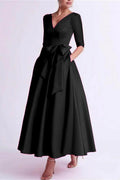 Elegant A Line V Neck 3/4 Length Sleeve Tea Length Satin Mother of the Bride Dress
