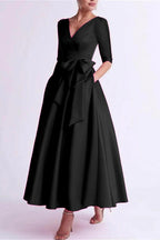 Elegant A Line V Neck 3/4 Length Sleeve Tea Length Satin Mother of the Bride Dress