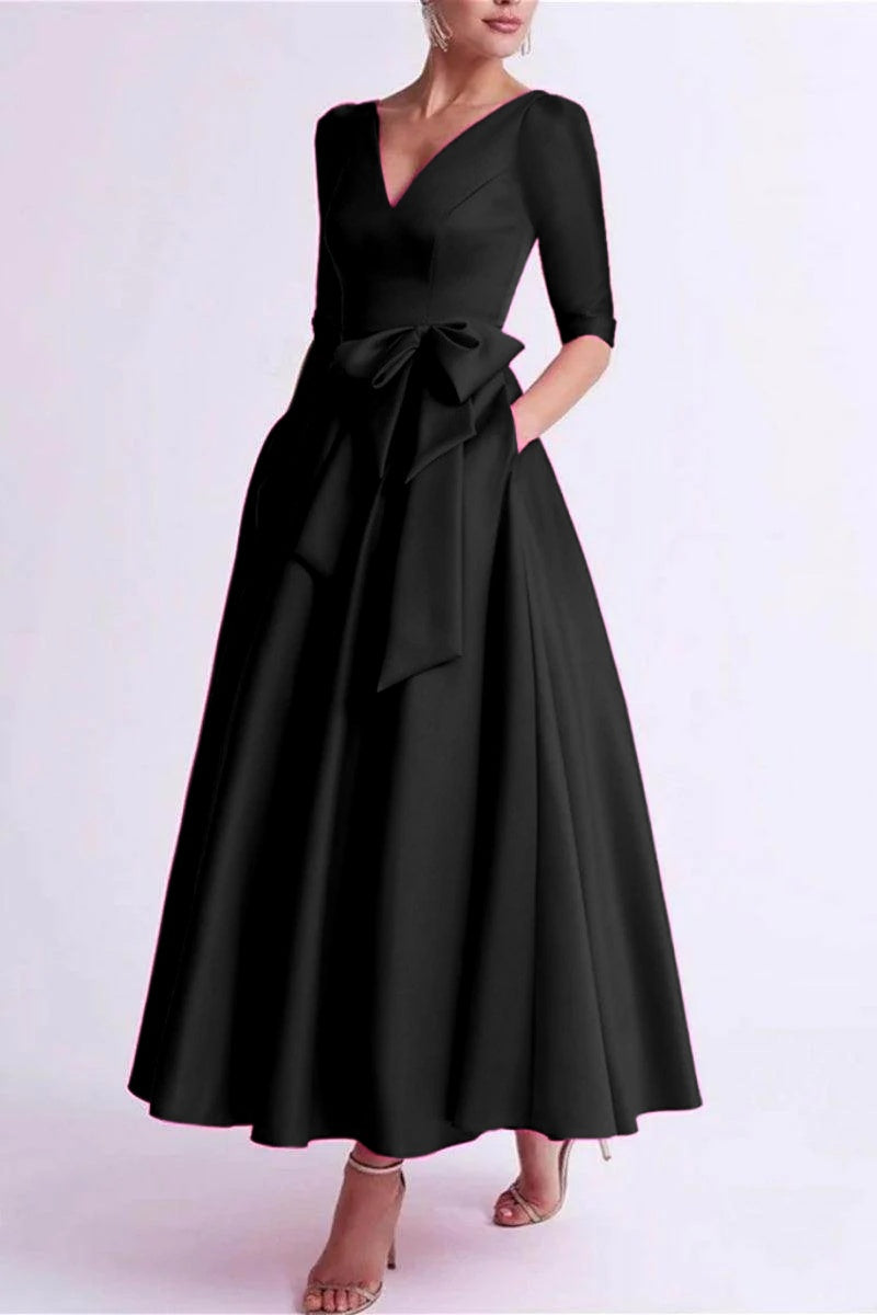 Elegant A Line V Neck 3/4 Length Sleeve Tea Length Satin Mother of the Bride Dress