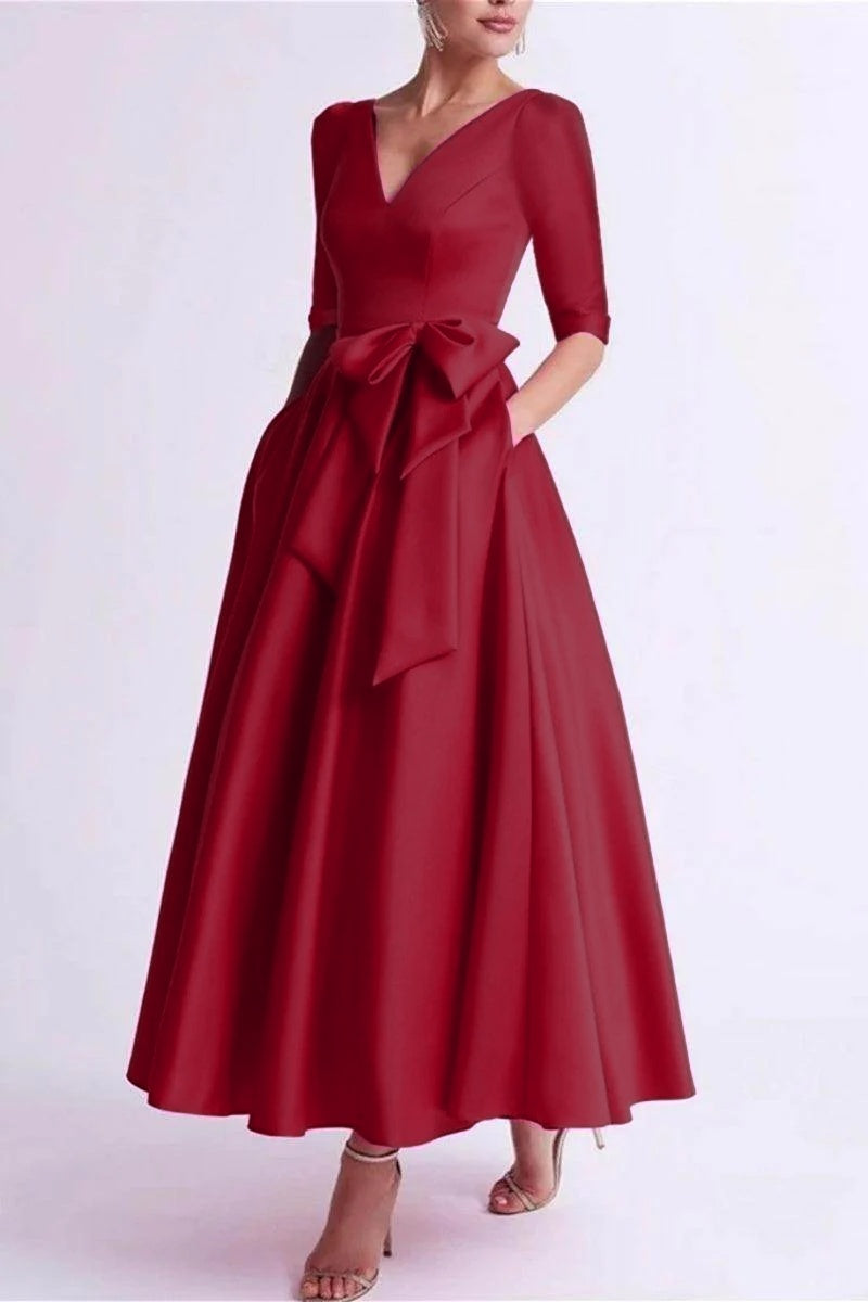 Elegant A Line V Neck 3/4 Length Sleeve Tea Length Satin Mother of the Bride Dress