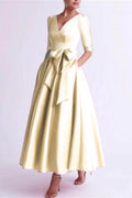 Elegant A Line V Neck 3/4 Length Sleeve Tea Length Satin Mother of the Bride Dress