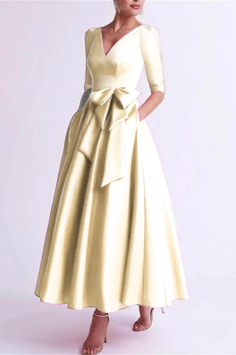 Elegant A Line V Neck 3/4 Length Sleeve Tea Length Satin Mother of the Bride Dress