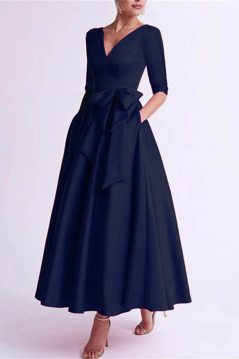 Elegant A Line V Neck 3/4 Length Sleeve Tea Length Satin Mother of the Bride Dress