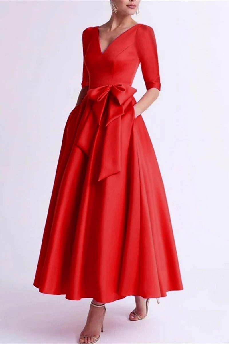 Elegant A Line V Neck 3/4 Length Sleeve Tea Length Satin Mother of the Bride Dress