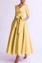 Elegant A Line V Neck 3/4 Length Sleeve Tea Length Satin Mother of the Bride Dress