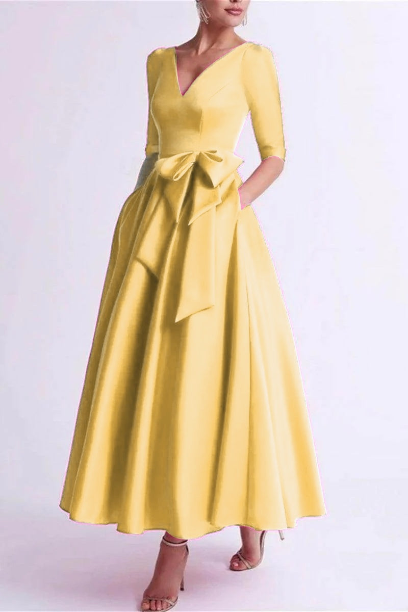 Elegant A Line V Neck 3/4 Length Sleeve Tea Length Satin Mother of the Bride Dress
