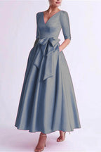 Elegant A Line V Neck 3/4 Length Sleeve Tea Length Satin Mother of the Bride Dress