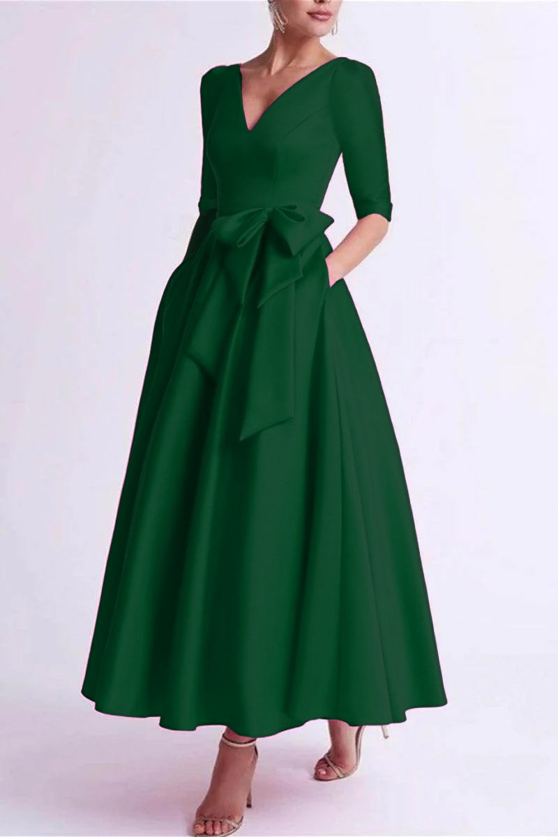 Elegant A Line V Neck 3/4 Length Sleeve Tea Length Satin Mother of the Bride Dress