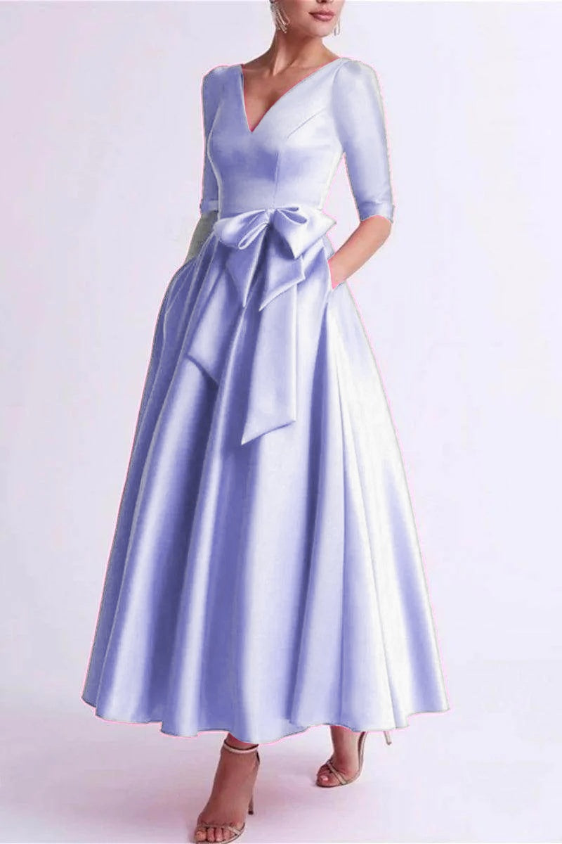 Elegant A Line V Neck 3/4 Length Sleeve Tea Length Satin Mother of the Bride Dress