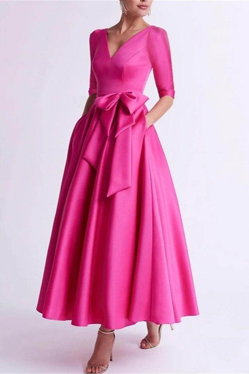 Elegant A Line V Neck 3/4 Length Sleeve Tea Length Satin Mother of the Bride Dress