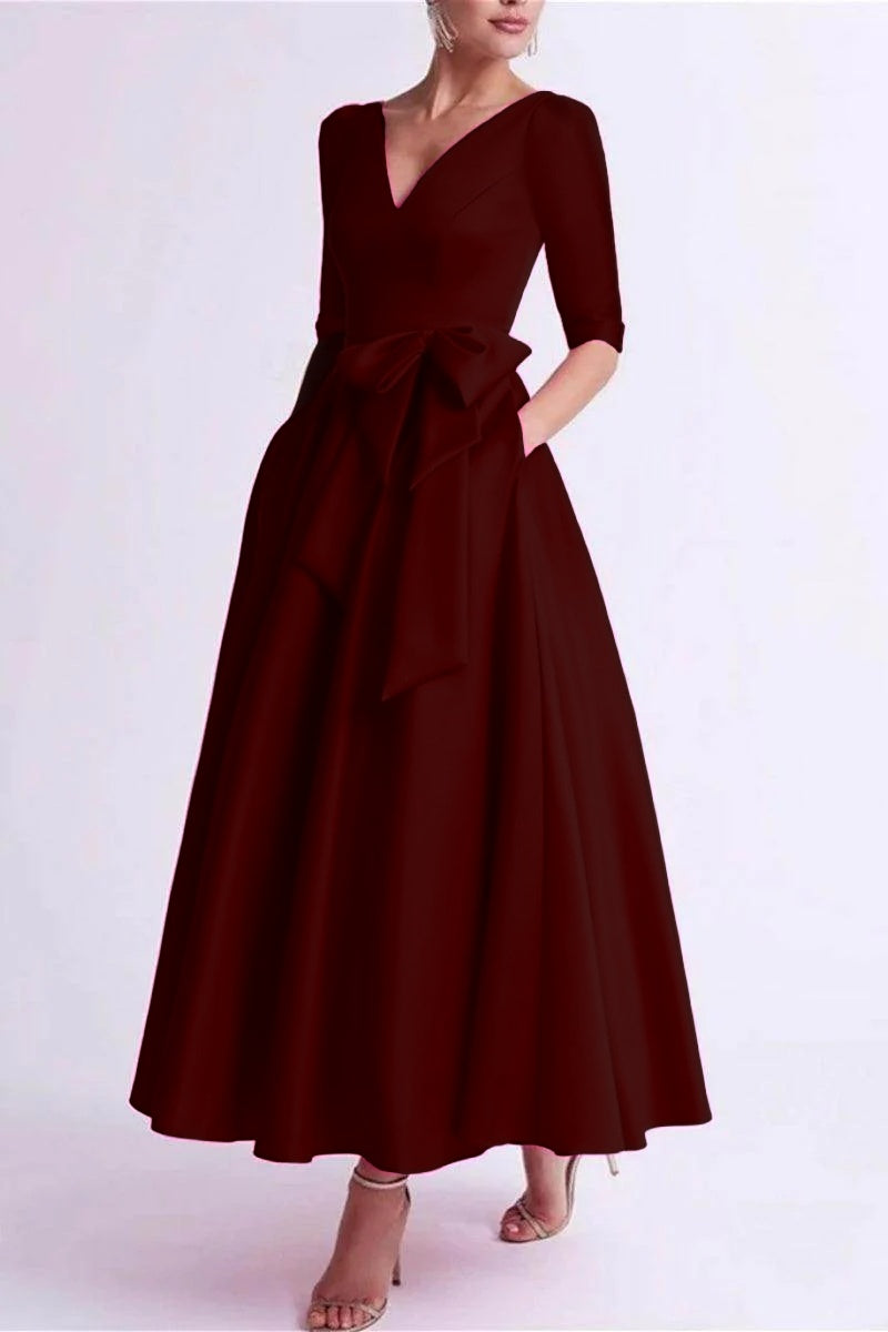Elegant A Line V Neck 3/4 Length Sleeve Tea Length Satin Mother of the Bride Dress