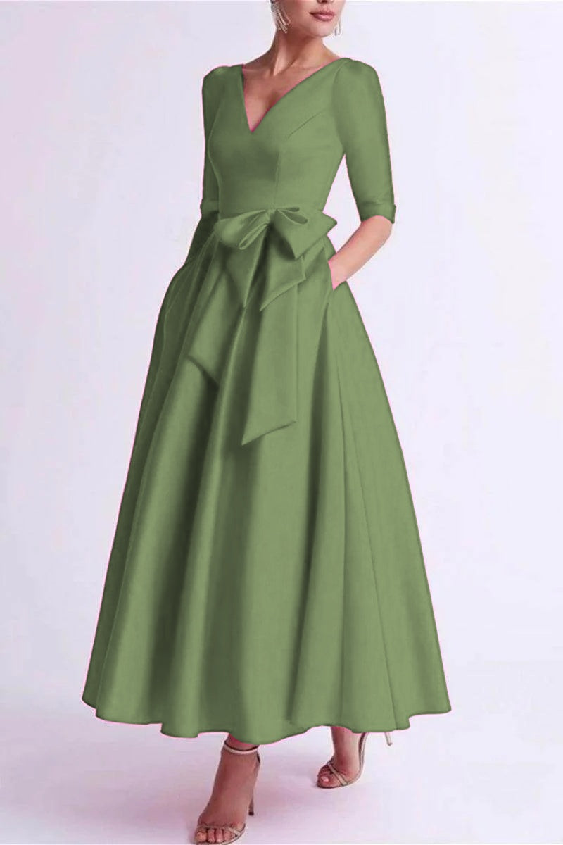 Elegant A Line V Neck 3/4 Length Sleeve Tea Length Satin Mother of the Bride Dress