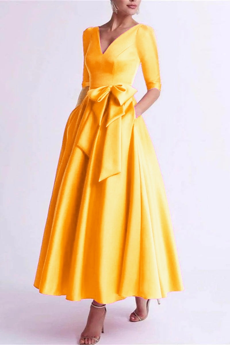 Elegant A Line V Neck 3/4 Length Sleeve Tea Length Satin Mother of the Bride Dress