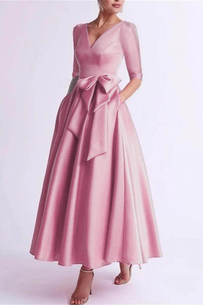 Elegant A Line V Neck 3/4 Length Sleeve Tea Length Satin Mother of the Bride Dress