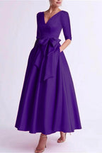 Elegant A Line V Neck 3/4 Length Sleeve Tea Length Satin Mother of the Bride Dress