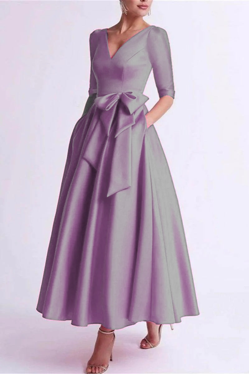 Elegant A Line V Neck 3/4 Length Sleeve Tea Length Satin Mother of the Bride Dress