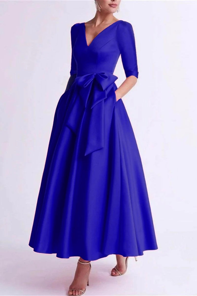 Elegant A Line V Neck 3/4 Length Sleeve Tea Length Satin Mother of the Bride Dress