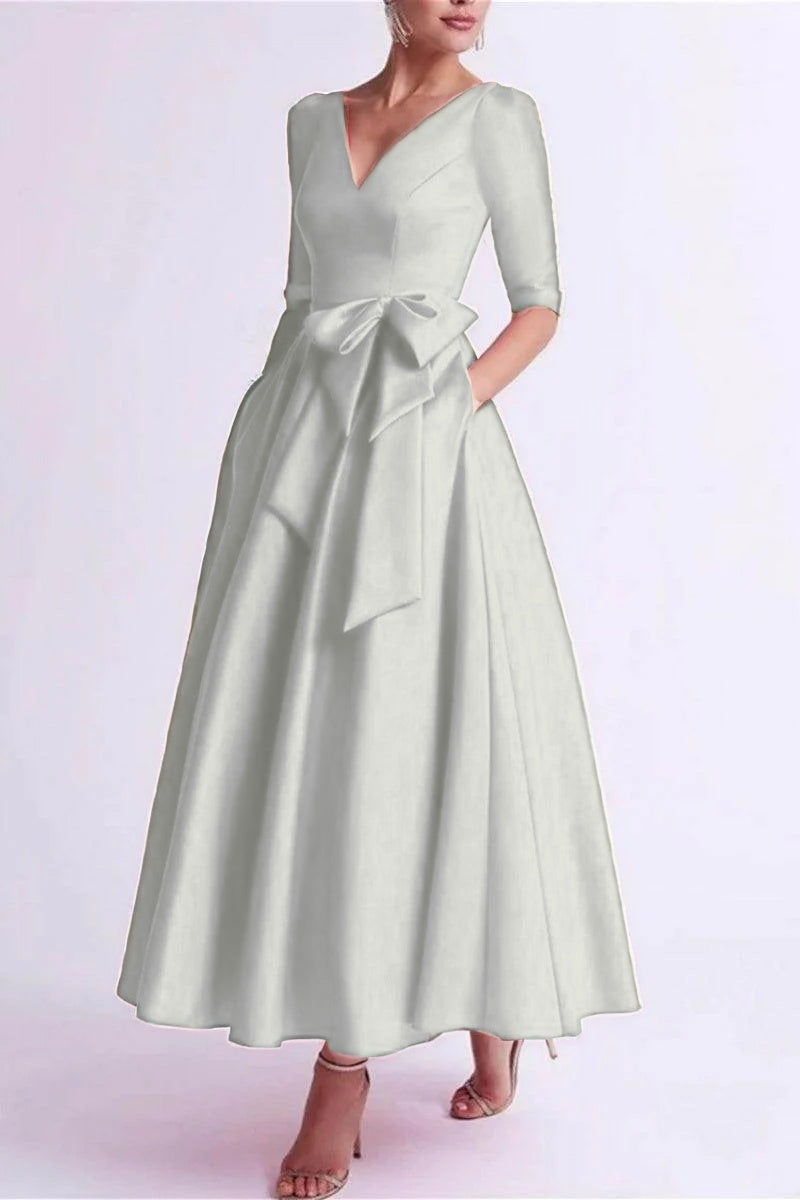 Elegant A Line V Neck 3/4 Length Sleeve Tea Length Satin Mother of the Bride Dress
