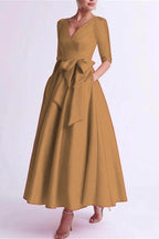 Elegant A Line V Neck 3/4 Length Sleeve Tea Length Satin Mother of the Bride Dress