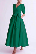Elegant A Line V Neck 3/4 Length Sleeve Tea Length Satin Mother of the Bride Dress