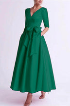 Elegant A Line V Neck 3/4 Length Sleeve Tea Length Satin Mother of the Bride Dress