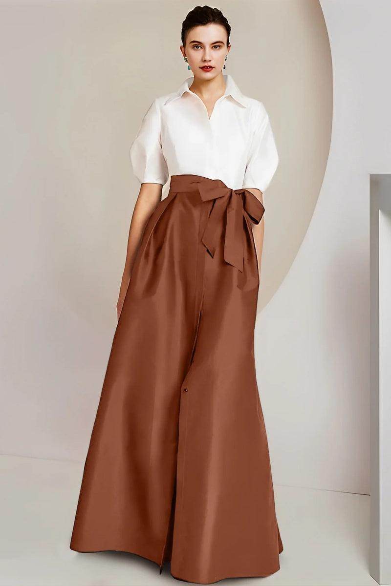 Elegant A Line Shirt Collar Short Sleeves Floor Length 2 pieces Mother of the Bride Dress
