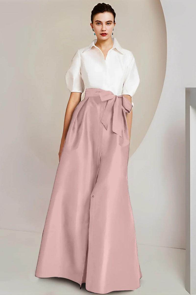 Elegant A Line Shirt Collar Short Sleeves Floor Length 2 pieces Mother of the Bride Dress