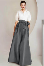 Elegant A Line Shirt Collar Short Sleeves Floor Length 2 pieces Mother of the Bride Dress