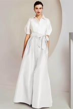 Elegant A Line Shirt Collar Short Sleeves Floor Length 2 pieces Mother of the Bride Dress