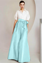 Elegant A Line Shirt Collar Short Sleeves Floor Length 2 pieces Mother of the Bride Dress