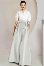 Elegant A Line Shirt Collar Short Sleeves Floor Length 2 pieces Mother of the Bride Dress
