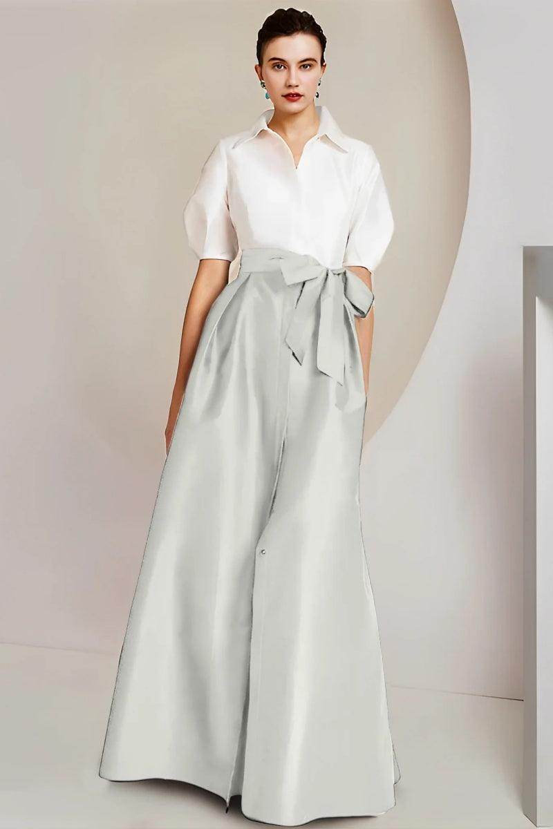 Elegant A Line Shirt Collar Short Sleeves Floor Length 2 pieces Mother of the Bride Dress