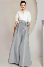 Elegant A Line Shirt Collar Short Sleeves Floor Length 2 pieces Mother of the Bride Dress