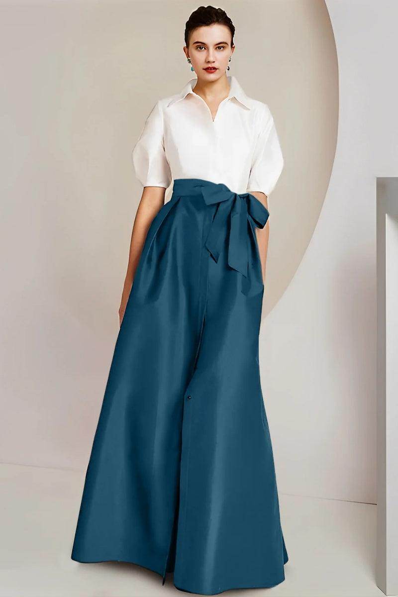 Elegant A Line Shirt Collar Short Sleeves Floor Length 2 pieces Mother of the Bride Dress