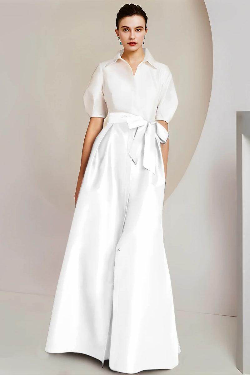 Elegant A Line Shirt Collar Short Sleeves Floor Length 2 pieces Mother of the Bride Dress
