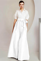 Elegant A Line Shirt Collar Short Sleeves Floor Length 2 pieces Mother of the Bride Dress