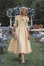Elegant A Line Cowl Neck 3/4 Sleeves Tea Length Elegant Mother of the Bride Dress