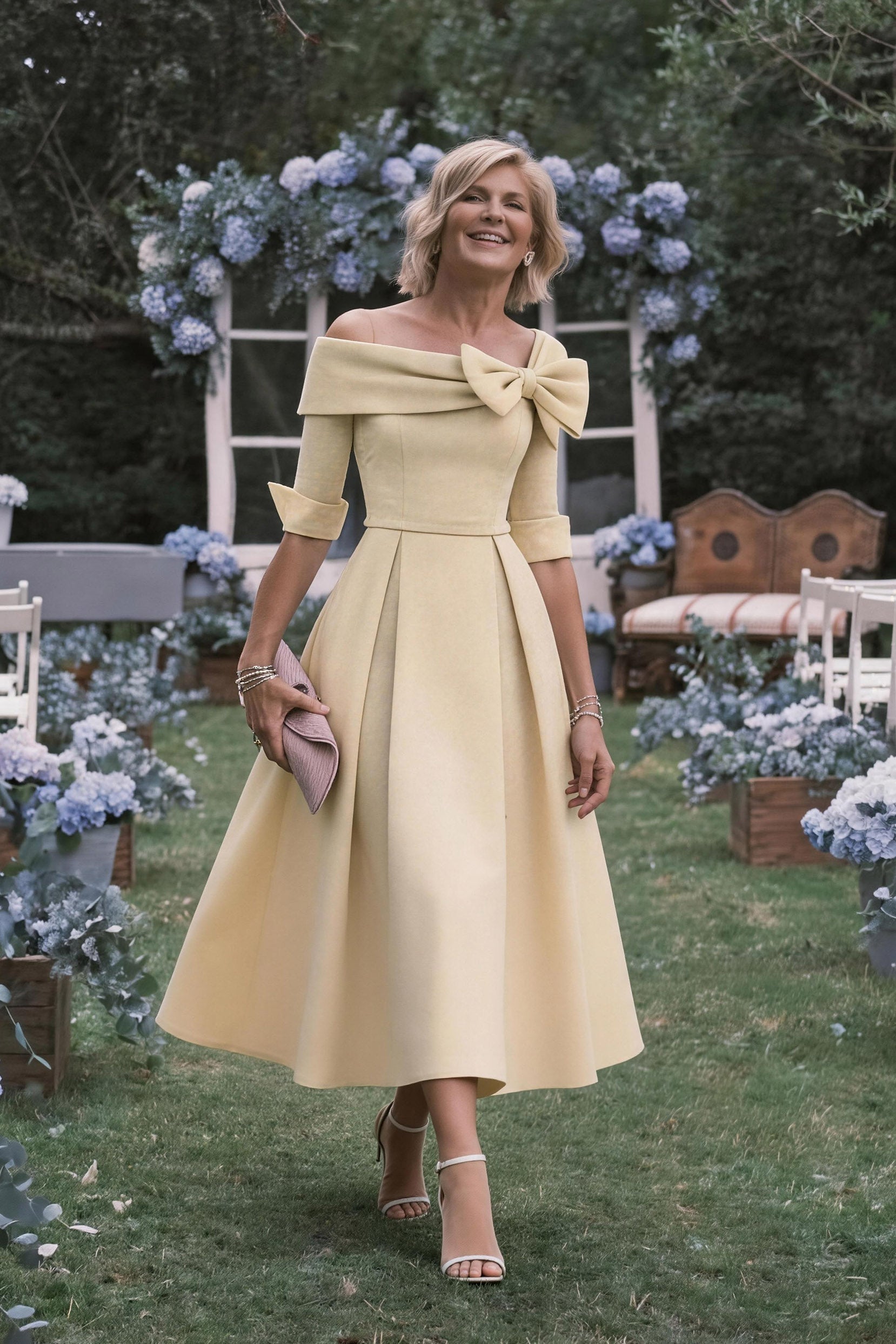 Elegant A Line Cowl Neck 3/4 Sleeves Tea Length Elegant Mother of the Bride Dress