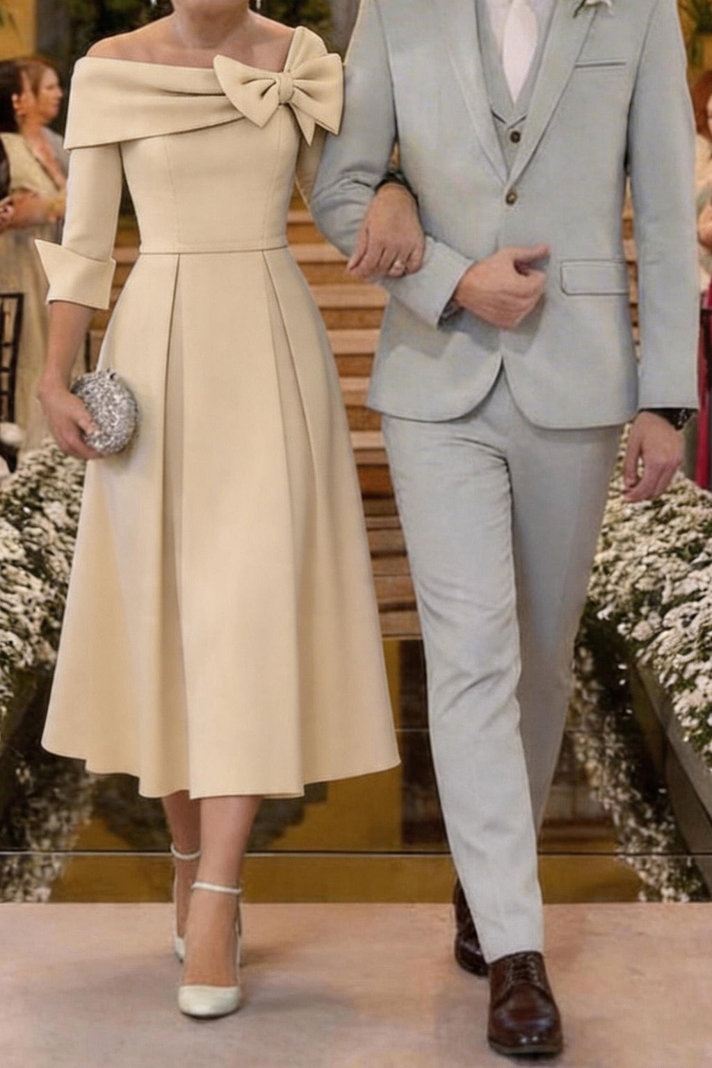 Elegant A Line Cowl Neck 3/4 Sleeves Tea Length Elegant Mother of the Bride Dress
