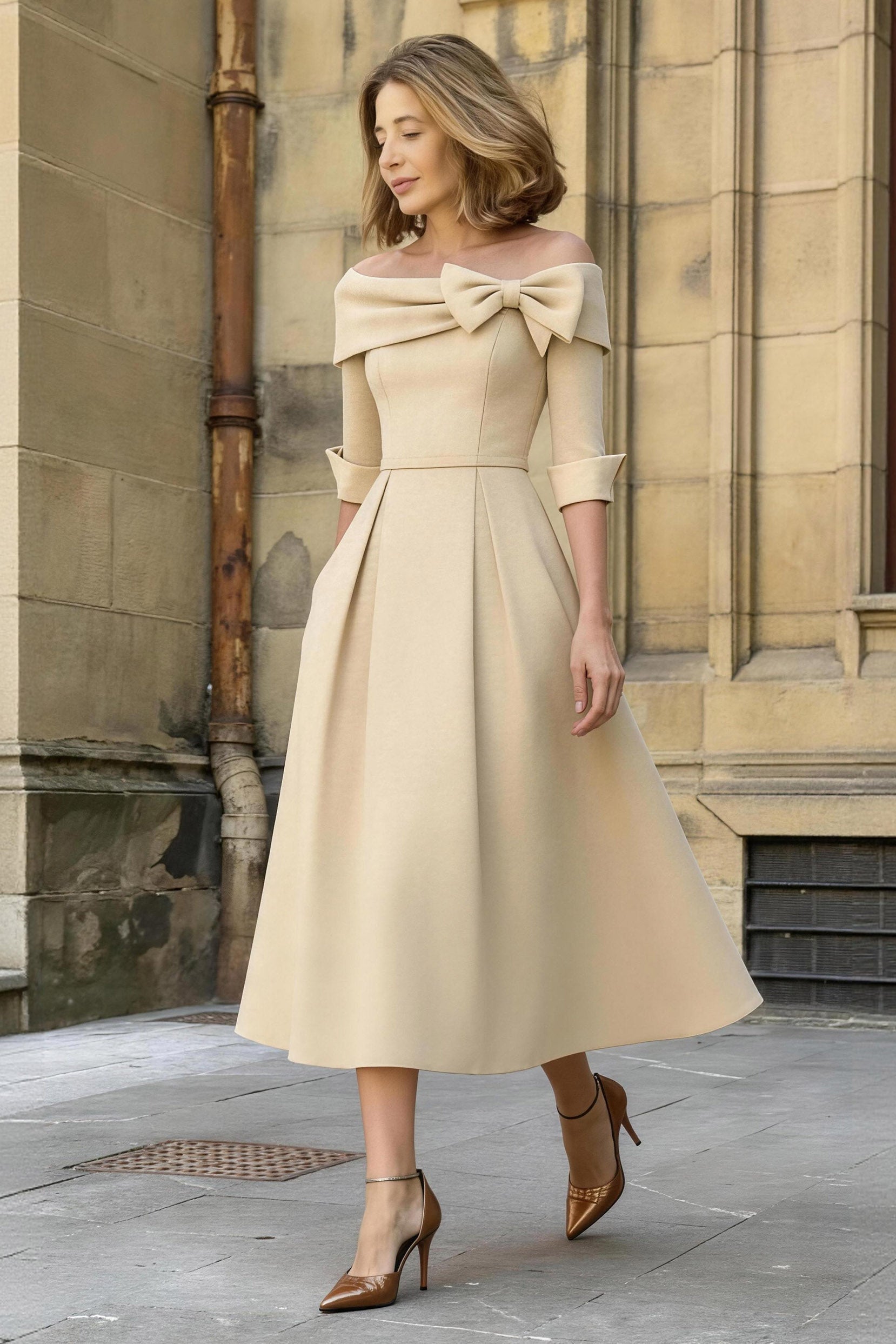 Elegant A Line Cowl Neck 3/4 Sleeves Tea Length Elegant Mother of the Bride Dress