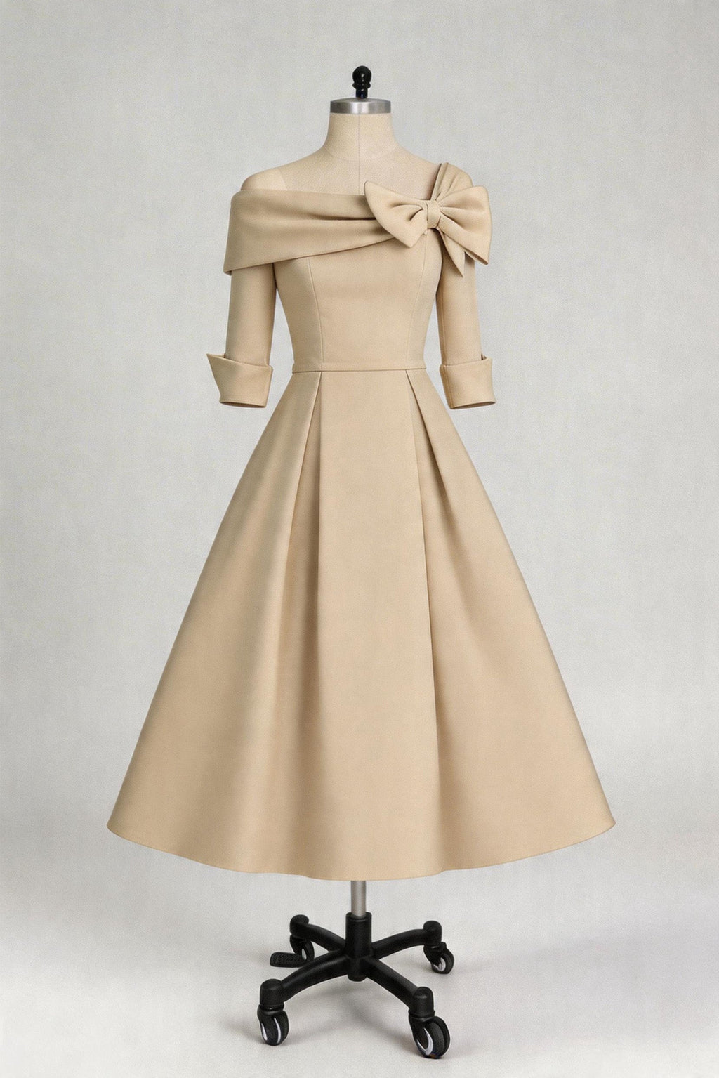 Elegant A Line Cowl Neck 3/4 Sleeves Tea Length Elegant Mother of the Bride Dress